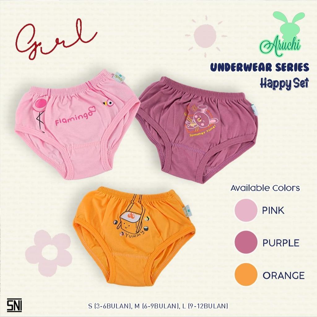 Celana Dalam Bayi CD Anak Aruchi Underwear Set isi 3 Pcs Happy Boy &amp; Girl 3-12 Bulan