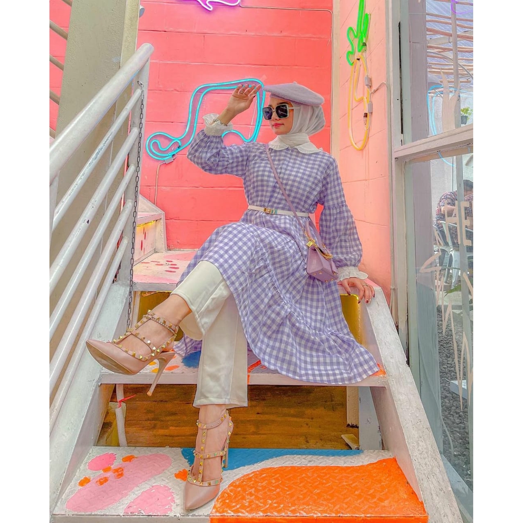 Long Tunik Katun Kotak Lilac Fashion Muslim Wanita Ayana Terlaris