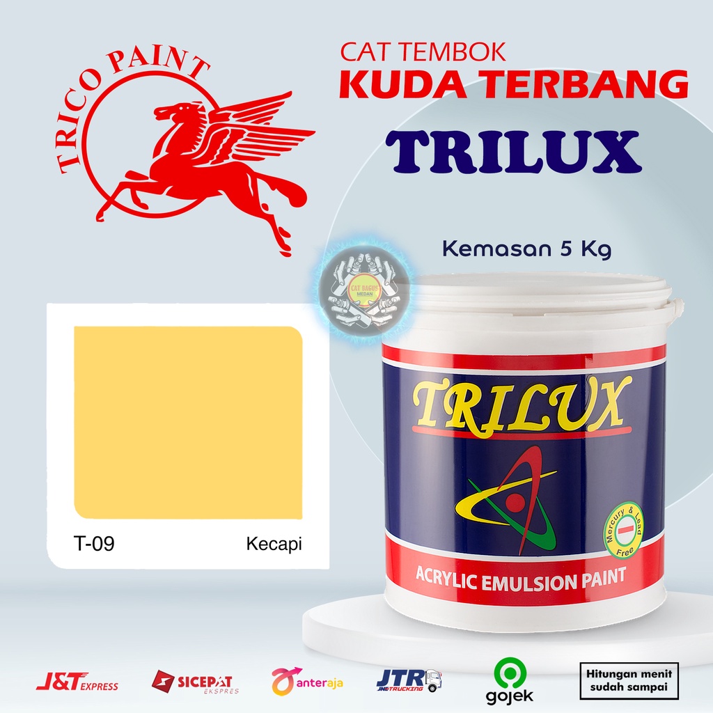 CAT AIR CAT TEMBOK DINDING TRILUX KUDA TERBANG 5 KG WARNA T-09 KECAPI T09 KUNING CREAM KREM YELLOW PASTEL 5KG INTERIOR EXTERIOR ACRYLIC EMULSION PAINT MURAH ULTRATEX NIPPON PAINT KIMEX QLUC AVITEX AVIAN LUAR DALAM BAGUS TERMURAH DI MEDAN BINJAI SUMATERA