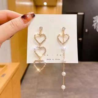 (Hello Girl)E02 Anting Tusuk Wanita Korea Bunga Pita Hati Mutiara Import-E02 Permata Hati