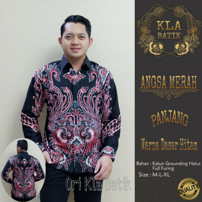 Kemeja Batik Lengan Panjang Pria ANGSA MERAH PANJANG Warna Dasar Hitam