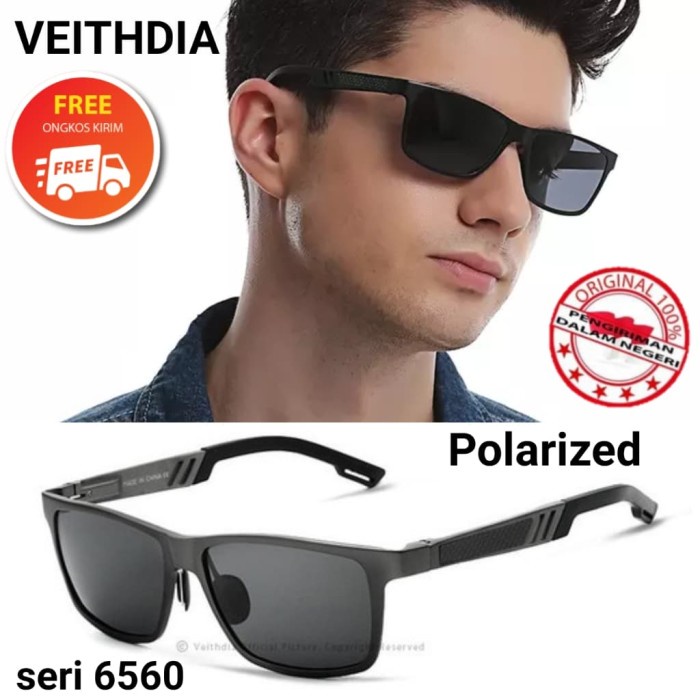 Greenwoodshop Kacamata Hitam Pria Origanal Veithdia 6560 Polarize Uv 400 Lensa Hitam - Hitam
