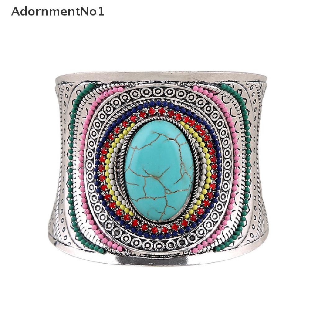 (AdornmentNo1) Gelang Tangan Silver Gaya Tibet Vintage Bohemian Aksen Turquoise Untuk Perhiasan Wanita