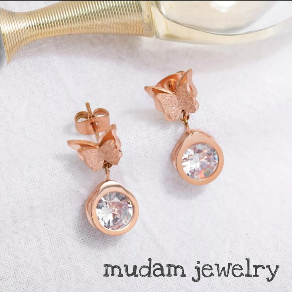 Anting Tusuk Titanium Kupu-Kupu Dengan Bandul Diamond Artifisial Tersedia Warna Rose Gold dan Gold