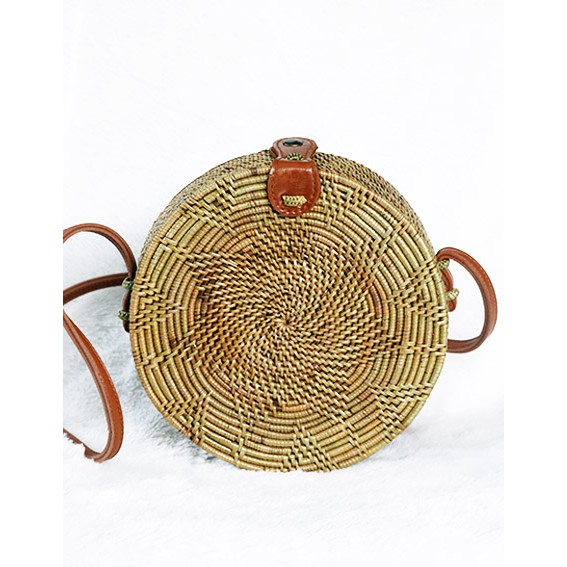 Sweet Honey Tas Rotan Ate Bulat Coklat Natural Motif Flower Rattan Bag Natural Diameter 20cm