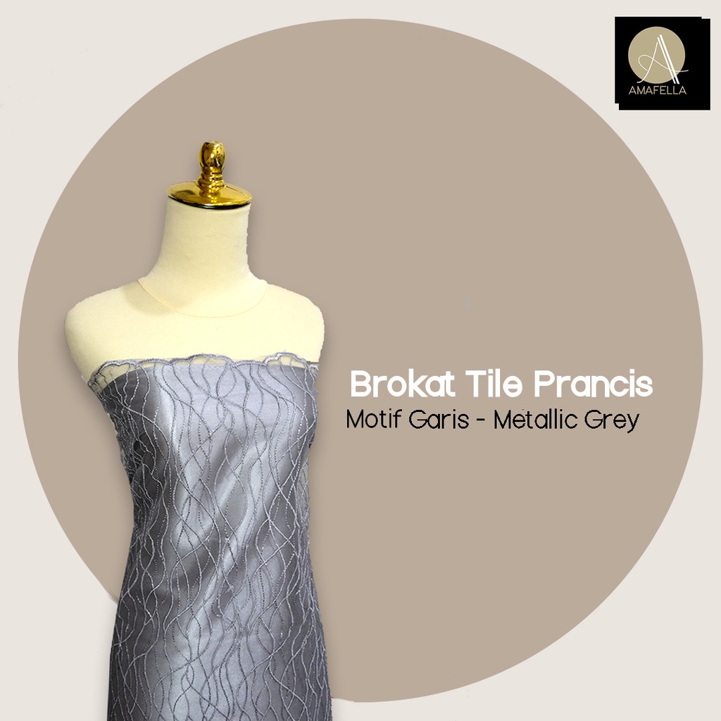 1/2 meter Kain Brokat Tile Prancis Bahan Kebaya Motif Garis Grey