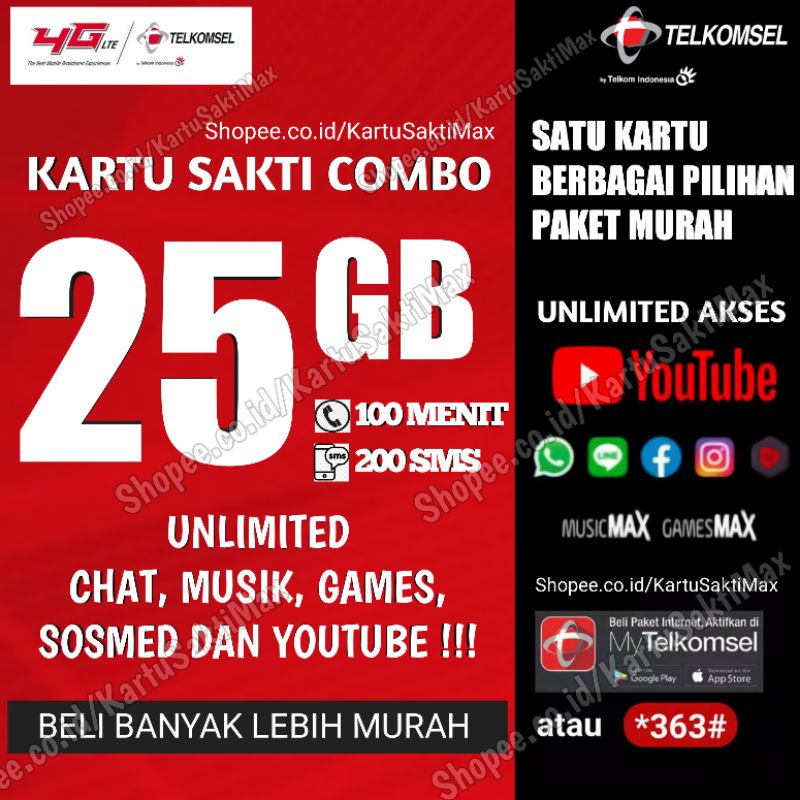 Kartu Sakti 25Gb Combo Unlimited Youtube Telkomsel SAKTI AS/LOOP/SimPati Sakti Telkomsel Murah