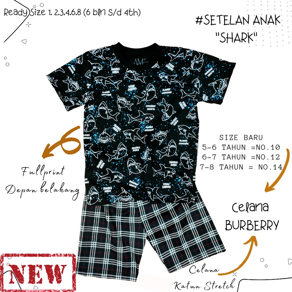 Setelan Anak Laki-laki Fullprint &quot;SHARK&quot; Size 3 bulan -8 tahun tahun merk. AM27