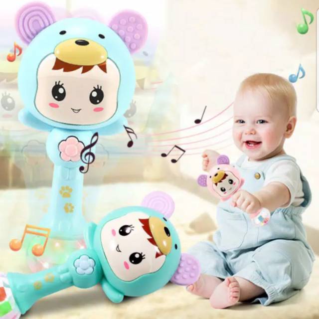 1234OS Mainan Bayi Tongkat Rattle + Teether+ Musik + Lampu Kelap Kelip.