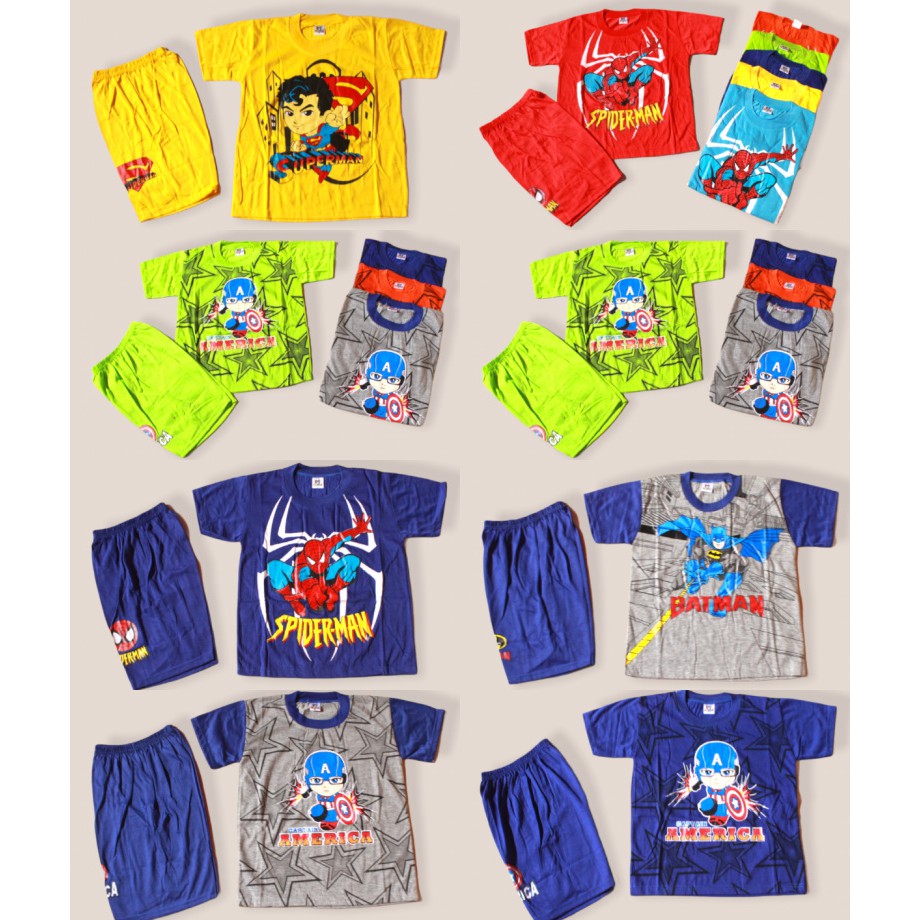 SETELAN BAJU KAOS ANAK SPIDERMAN /BATMAN/SUPERMAN SIZE 16-20