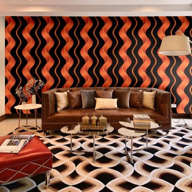 WALLPAPER DINDING MOTIF GELOMBANG ORANGE DASAR HITAM