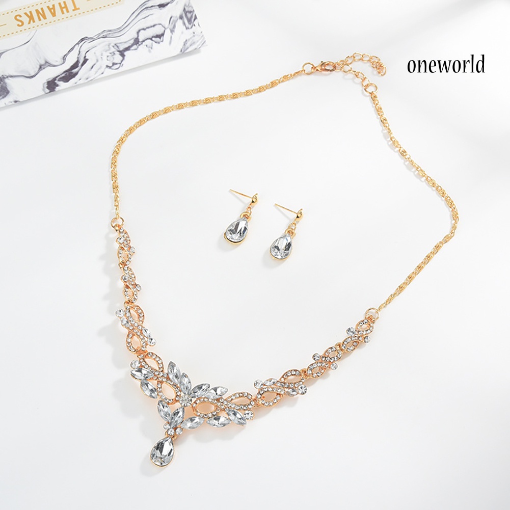 OW@ Fashion Jewelry Set Women Rhinestone Drop Hollow 8 Pendant Earrings Necklace