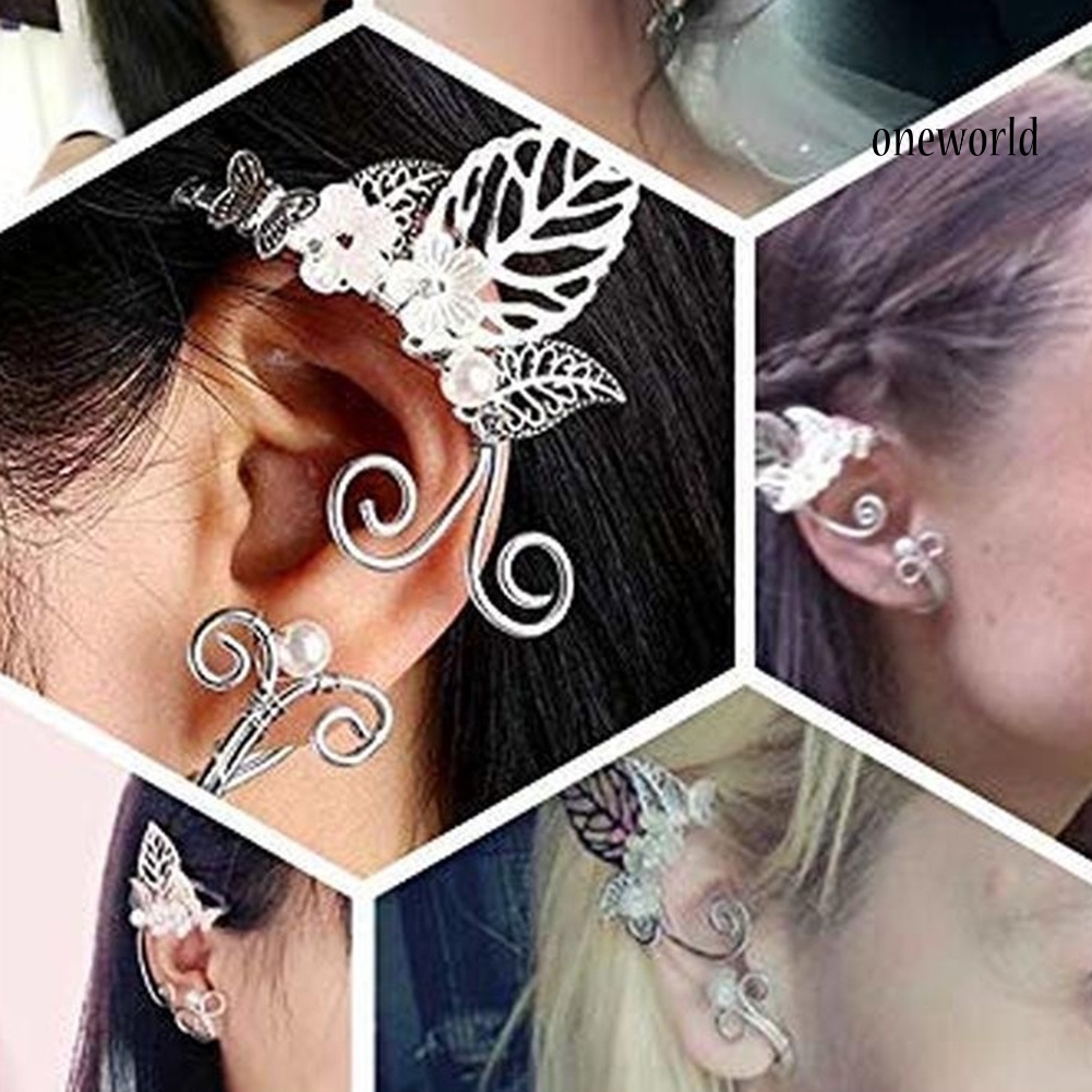 OW# 1Pc Hollow Flower Leaf Elf Faux Pearl Ear Cuff Clip On Earring Party Jewelry