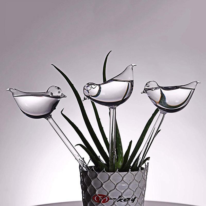 %Home &amp; living%%Plant Waterer Self Watering Globes, Bird Shape Hand Blown Clear Aqua Bulbs