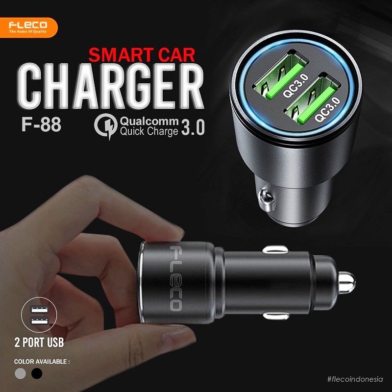 Adaptor Car Charger Mobil 36W Dual Usb Quick Charge 6A QC3.0 Original Fleco FL88