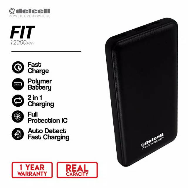 Delcell Fit powerbank 12000mAh Real capacity Polimer baterai 1 tahun garansi