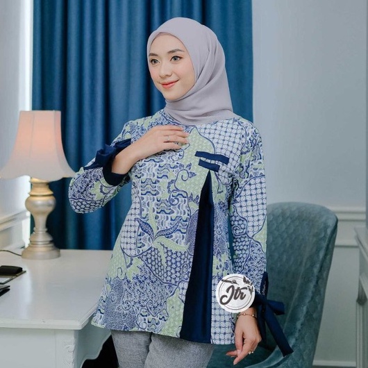 tey-17 Batik wanita ASJ SA HRB026 Kenongo Kemeja Tosca Pendek-Shakira Navy