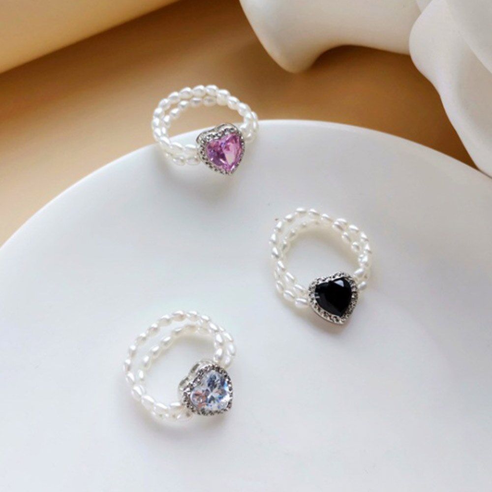 Cincin Elastis Hias Kristal Mutiara Warna Hitam Pink Putih Dapat Disesuaikan Untuk Wanita