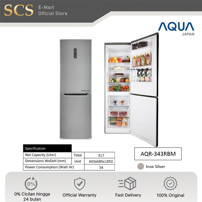 AQUA AQR-343RBM Kulkas Freezer Bawah Bottom 317 Liter | AQR343RBM