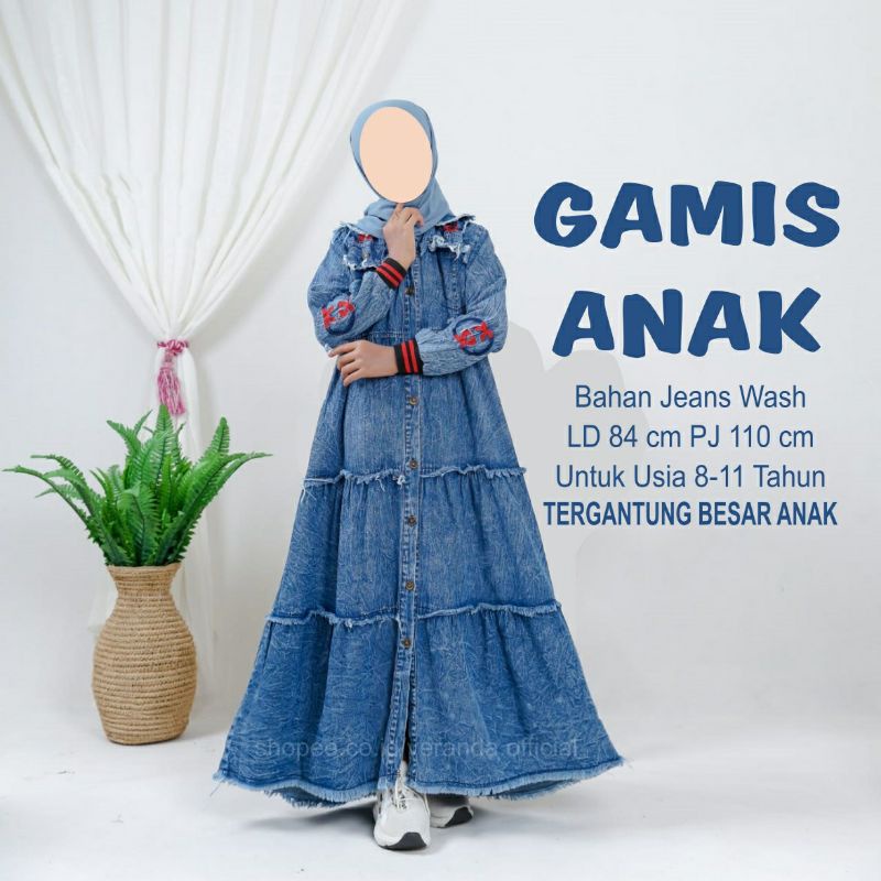 Glaribe Gamis Jeans Anak Cewek Remaja Tanggung Usia 8-11 Tahun Baju Jins Rempel Susun Lengan Kerut M