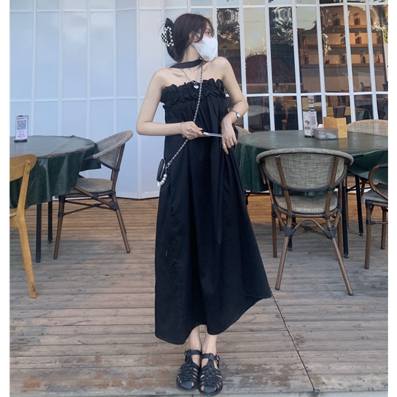 Mini Dress Hepburn style halter neck gaun hitam kecil wanita desain rasa jamur edge tube top rok mus