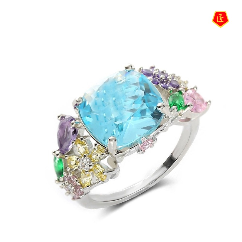 [Ready Stock]Colorful Gemstone Square Ring Sweet and Elegant