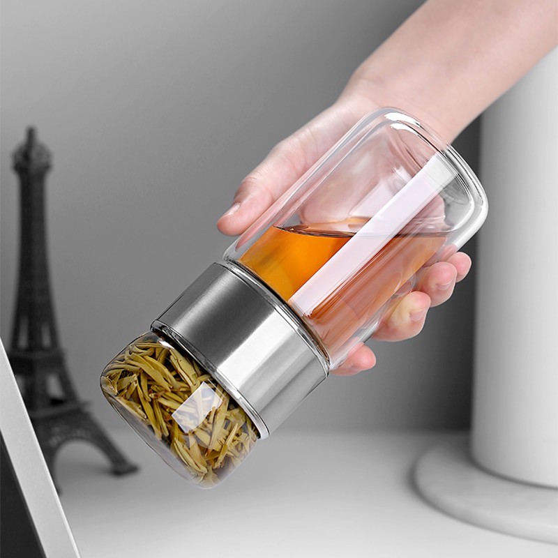 tumbler teapot infuser portable double wall / tea pot botol minum teh kaca infuse water ( menerima custom LOGO )