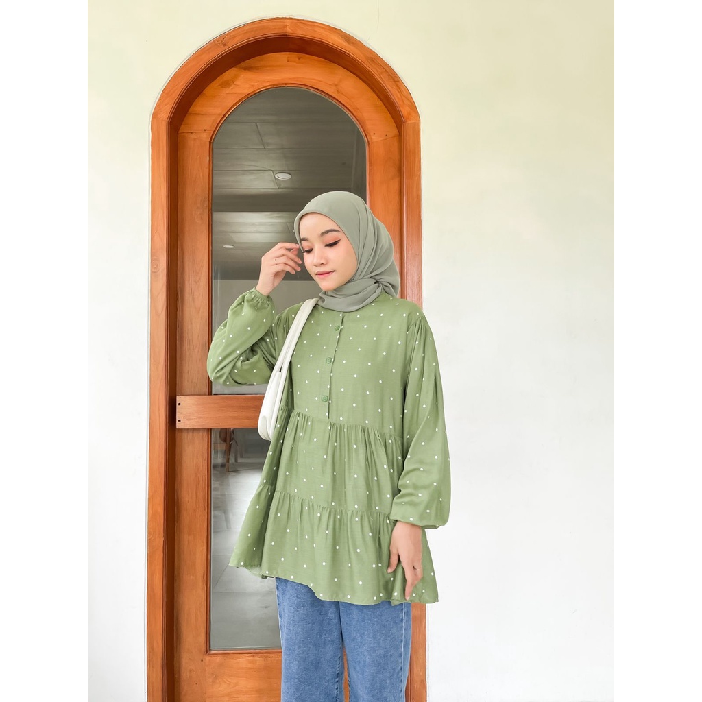 Polka Blouse LD ± 100 cm BAJU BLOUSE WANITA JUMBO BIG SIZE TO XXXL - ATASAN LENGAN PANJANG