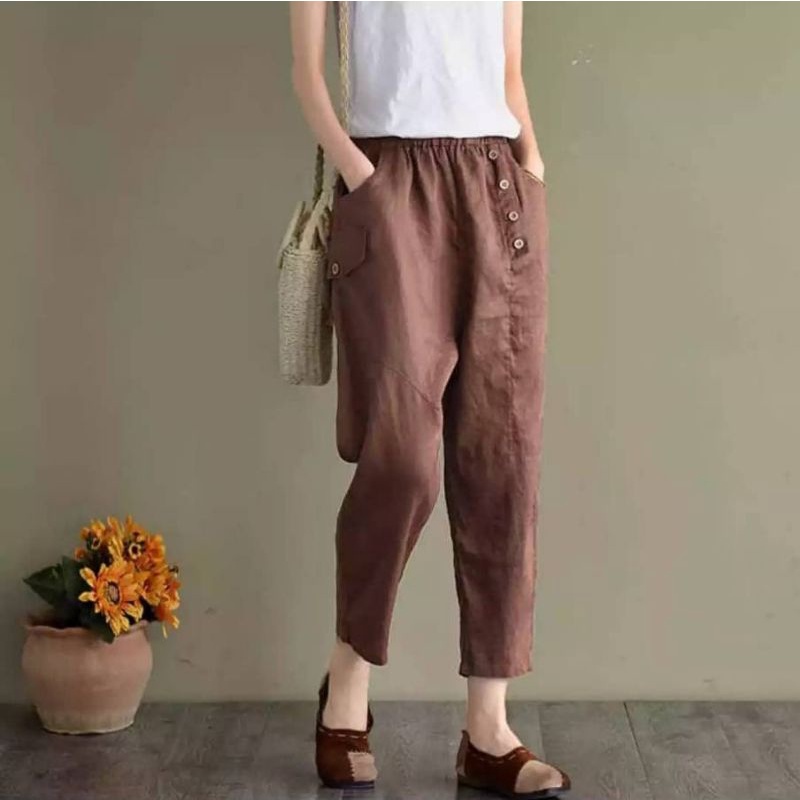 BUGGY YONERA BAGGY KULOT KATUN WANITA KOREA UNIQLO LOOSE LINEN DAILY PANTS PREMIUM CEWEK BRIAN HITAM COKLAT KUNING