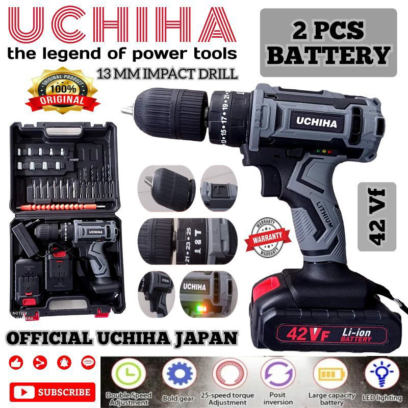 Bor Cordless uchiha 34v Fullset, Bor Baterai 13mm, Bor Kayu Tembok Beton Canggih