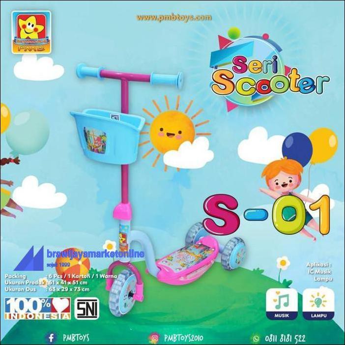 Mainan Anak Skuter Pmb Roda 3 S-01 Skuter Musik Lampu Pink Biru - Pink Biru