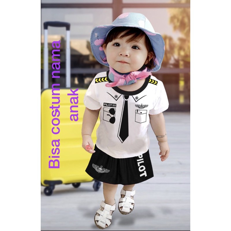 costum nama / CUSTOM NAMA  anak setelan rok karakter pilot 6 bulan-3 tahun pakai real pict