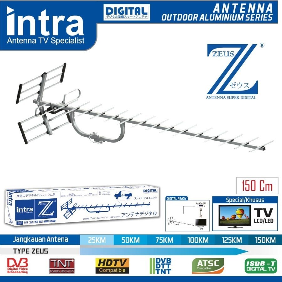 Paket Antena Tv Digital Intra Zeus + Booster INT-909 Luar Dalam Kabel Panjang 13 Meter Original