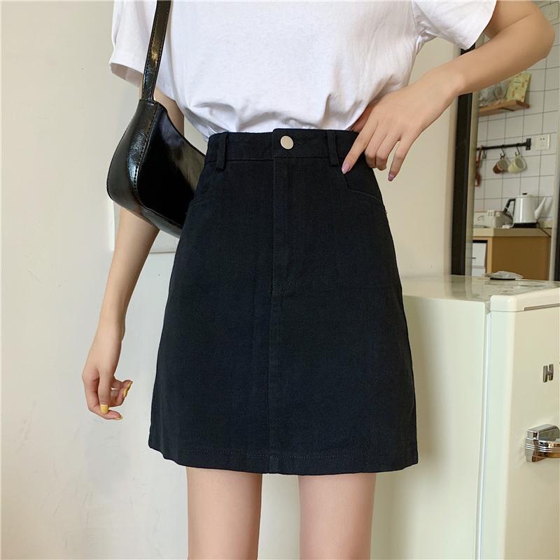 Rok denim hitam rok a-line pinggang tinggi wanita yang baru