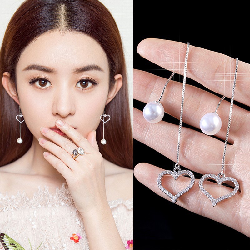 Gadis Jantung berongga jantung bentuk Telinga Mutiara peach jantung anting-anting panjang liontin ha