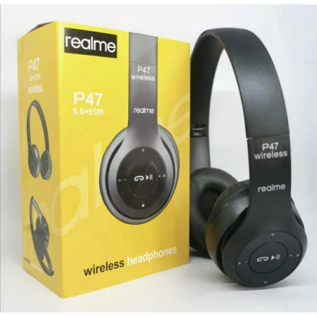 Realme P47 Black Headphone Wireless Portable Bluetooth Headset Bass