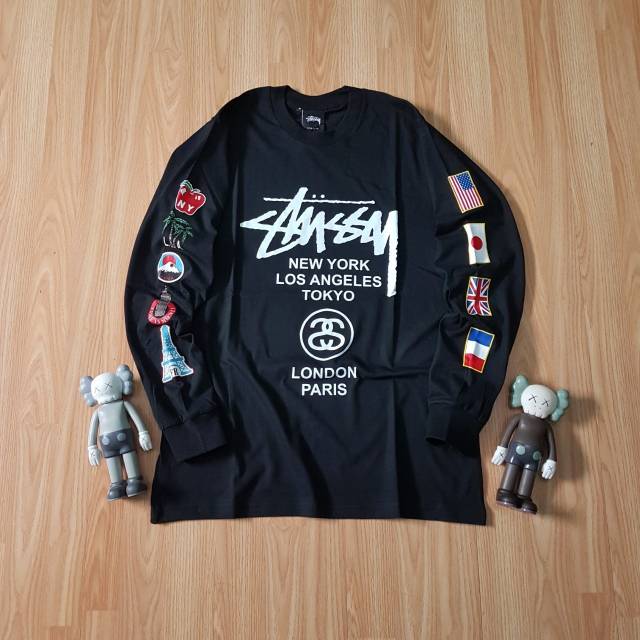 KAOS TSHIRT STUSSY FLAG LONG SLEEVE BLACK  UNISEX