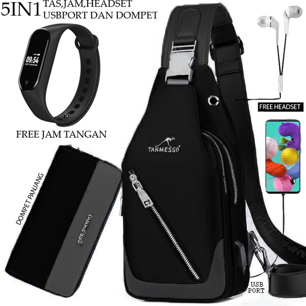 5IN1 TAS BONUS JAM &amp;DOMPET,USBPORT HEADSET -TAS SELEMPANG PRIA sling bag usb port