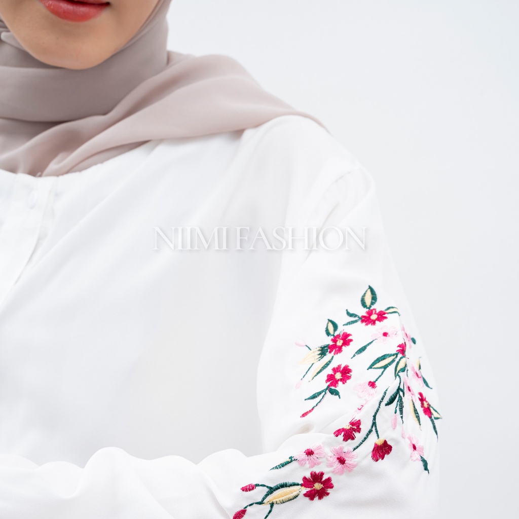 NIMI - Arsyila Midi Dres Tunik Putih Bordir Premium Atasan Long Tunik Putih Jumbo Bordir