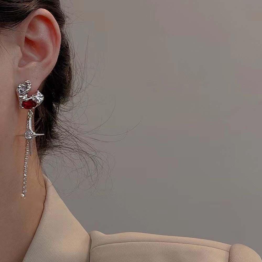 Mxbeauty Cinta Hati Anting Kepribadian Elegan Wanita Hadiah Lava Merah Berlian Imitasi Salib Menjuntai Anting-Anting