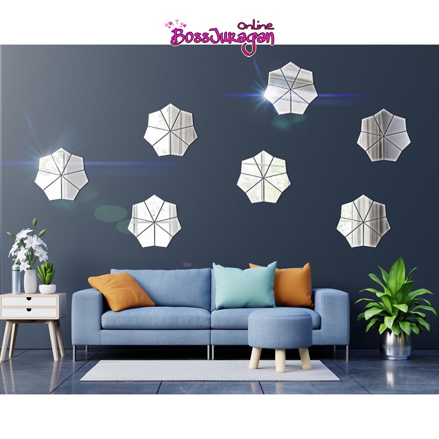 (BOSS) Acrylic Mirror - Hiasan Dinding Stiker Acrylic Bentuk Motif -(Hexagonal/Fish/Layangan/Lampion/Kipas)