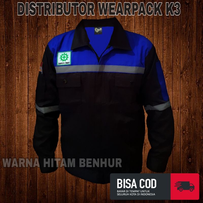 Wearpack Atasan/Kemeja Safety Warna Hitam kombinasi Benhur/lengan panjang/sleting/ APD K3/ proyek