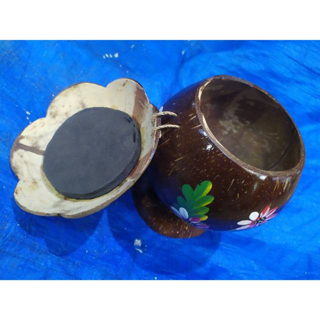 TOPLES BATOK KELAPA MOTIF BUNGA DENGAN TUTUP DIAMETER 13 CM - TEMPAT KUE DAN PERMEN