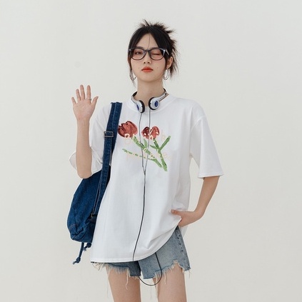 kaos atasan wanita/korean style import motif flower t shirt/kemeja wanita putih