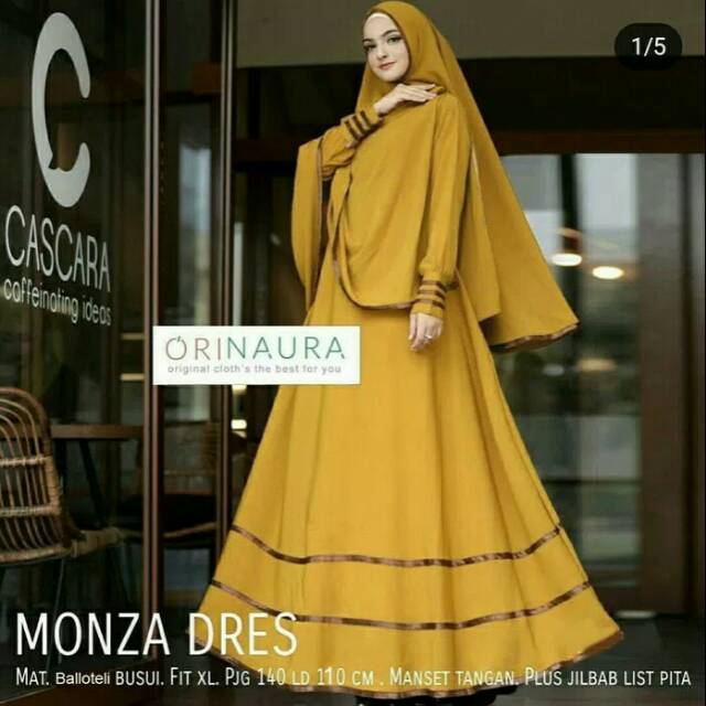Baju Muslim Wanita Gamis Monza Syari Busana Lebaran Motif Polos Warna Kuning