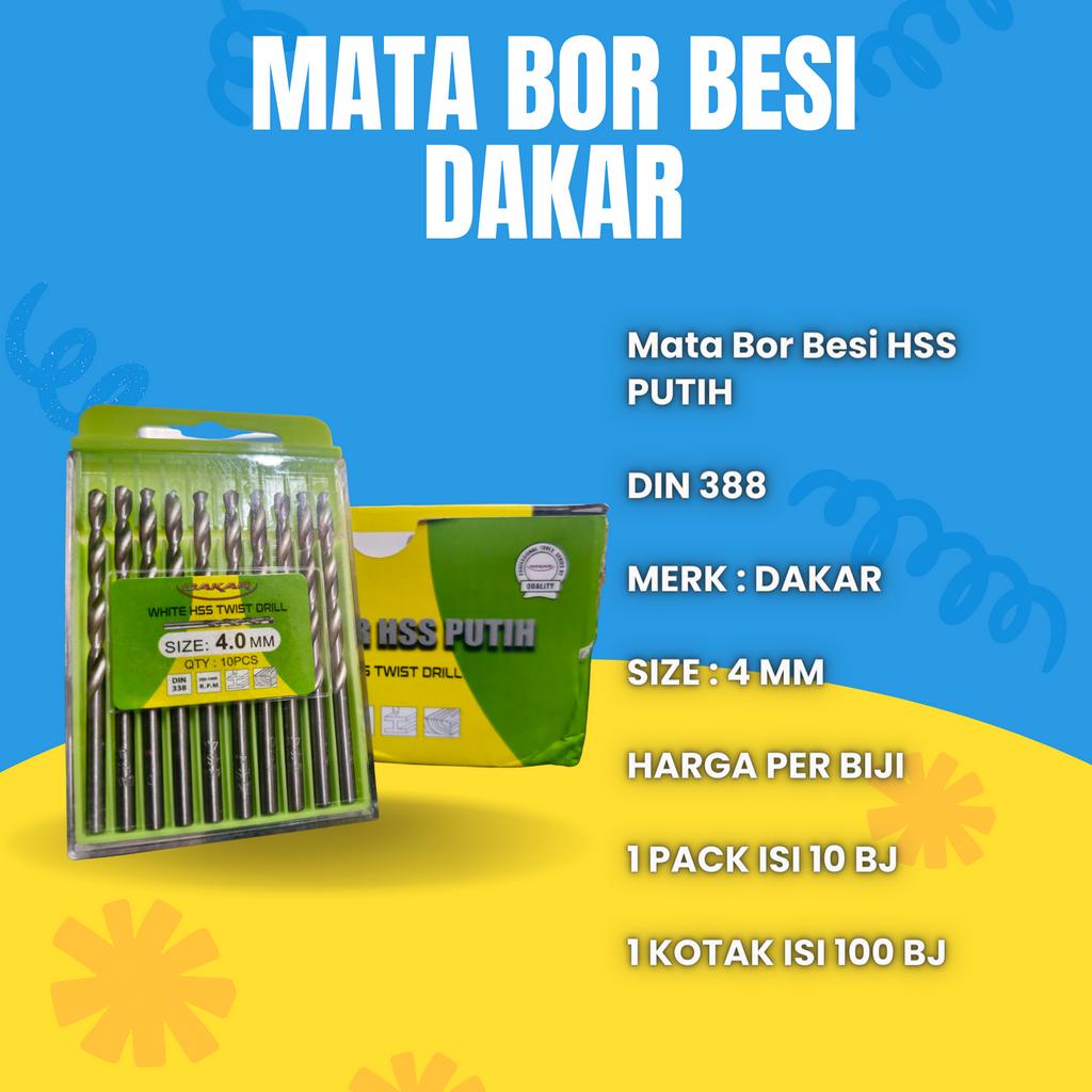 MATA BOR BESI PUTIH 4 MM HSS MERK DAKAR DIN 388 HARGA PER BIJI BAGUS KUAT