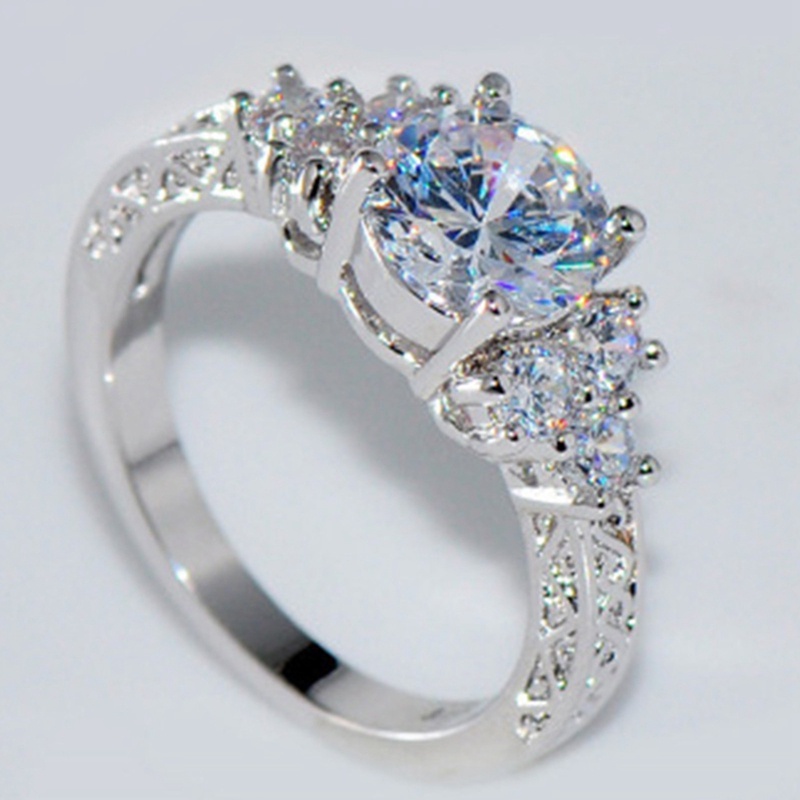 Cincin Kawin / Tunangan Warna Silver Hias Berlian Zircon Untuk Wanita