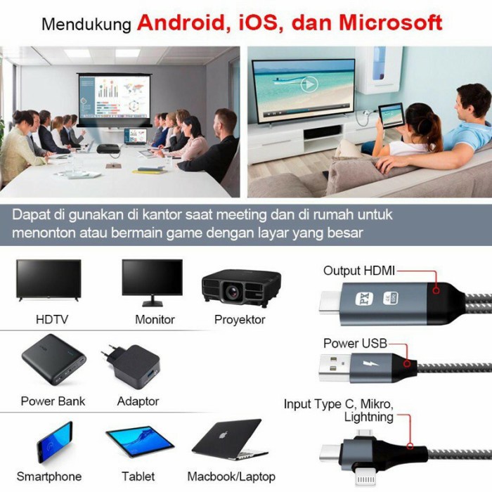 PX MHA 110U 3in1 Pan PX Kabel HDMI to Micro USB Type C Lightning ke TV