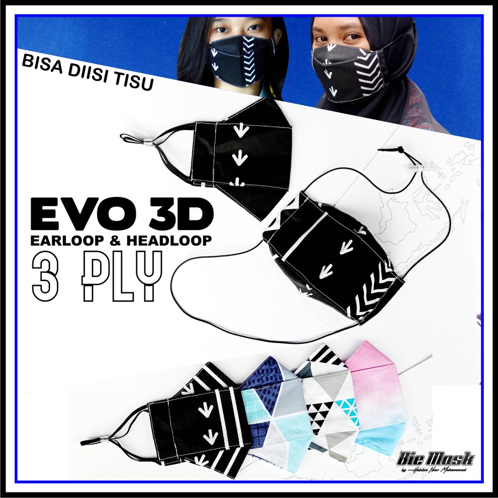 Masker Evo 3D 3 Ply Bisa diisi Tisu Earloop &amp; Headloop Premium Mask Korean Style