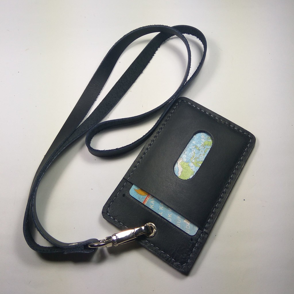 gantungan ID card kulit asli warna hitam | id card holder tali id card